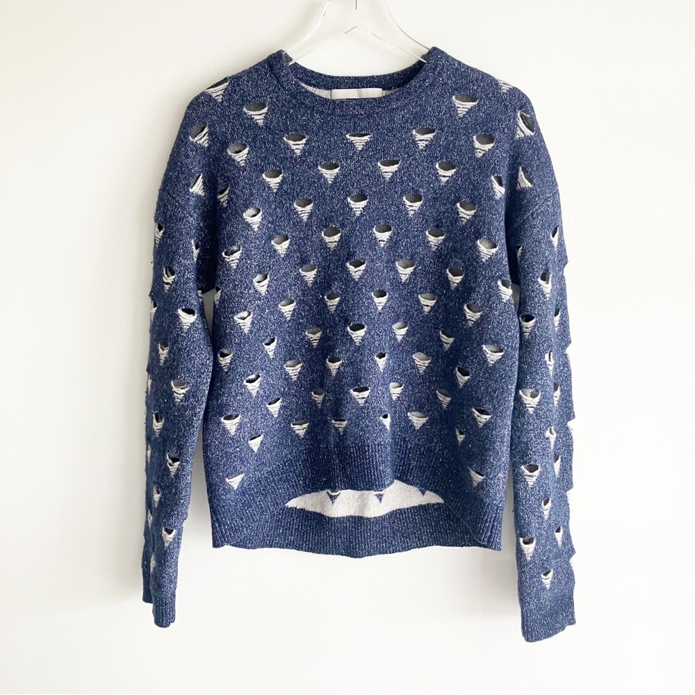 One Grey Day Sweater Sz Medium Wool Linen Geometric Triangle Hole Pattern Blue
